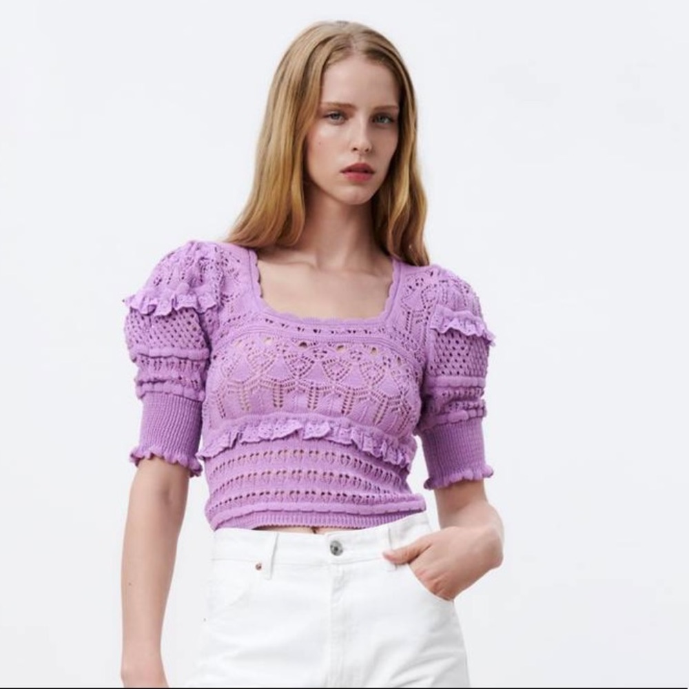 Zara Pointelle Knit Top purple size Small NWT
